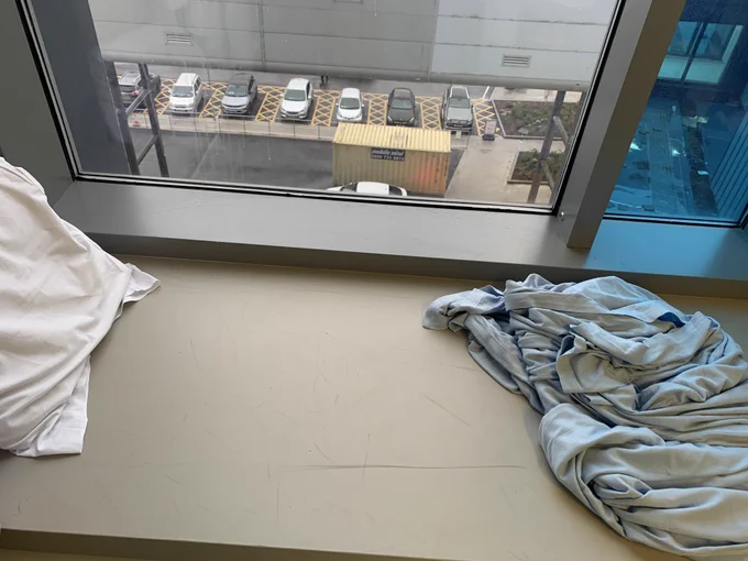 A windowsill only place for carers to sleep while caring for adult son in hospital