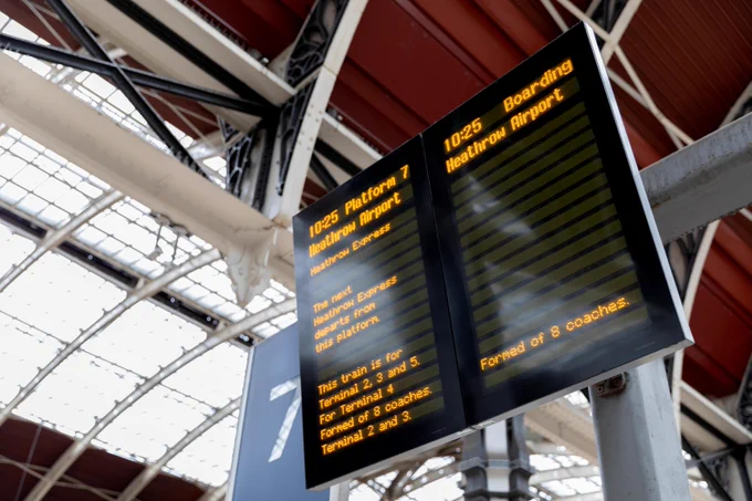 Train departure board at Paddington Station