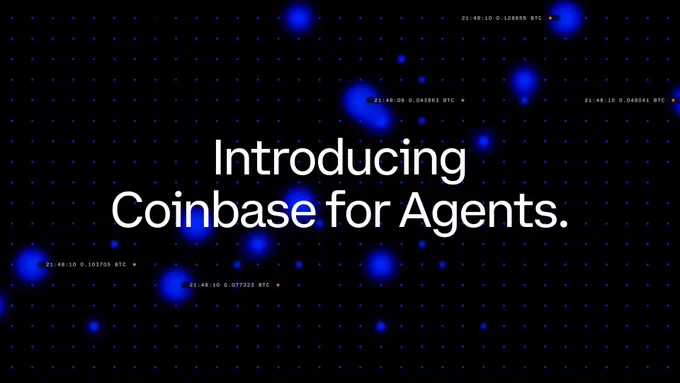 Text on a dark background highlights "Introducing Coinbase for Agents" with blue dots and numeric data, emphasizing a tech-focused theme.