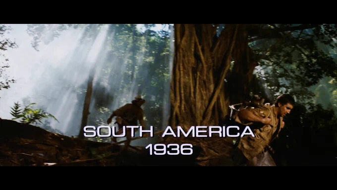 The film Raiders of the Lost Ark opens in the Peruvian jungle with the text "South America, 1936" appearing on screen.