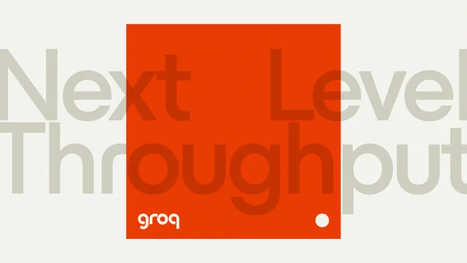 Bold red square features the text “Next Level Throughput” alongside the brand name “groq” in a modern design.