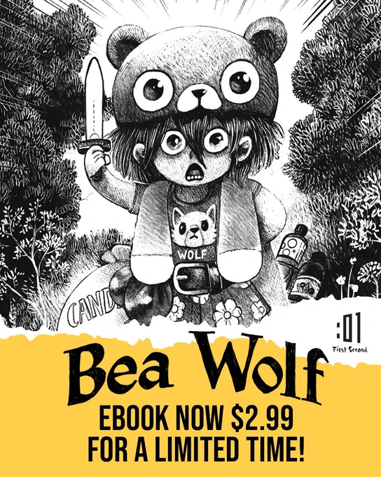 Promotional image showing an illustration from the middle-grade graphic novel Bea Wolf, alongside the logo for the publisher First Second and the title graphic of the book, and text indicating the Ebook is available for $2.99 for a limited time.