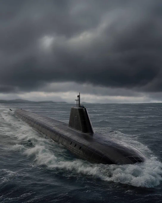 A submarine cutting through choppy ocean waters under a dark, stormy sky.