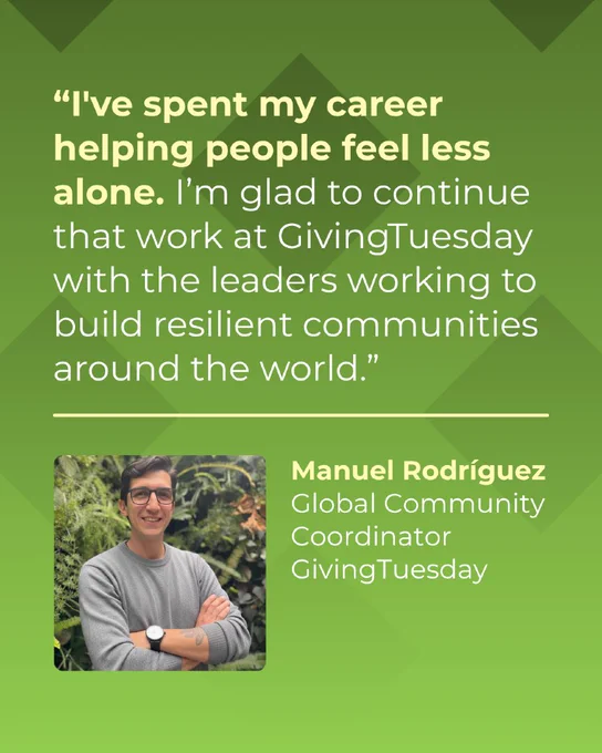Quote about helping people feel less alone and building resilient communities at GivingTuesday; smiling portrait.