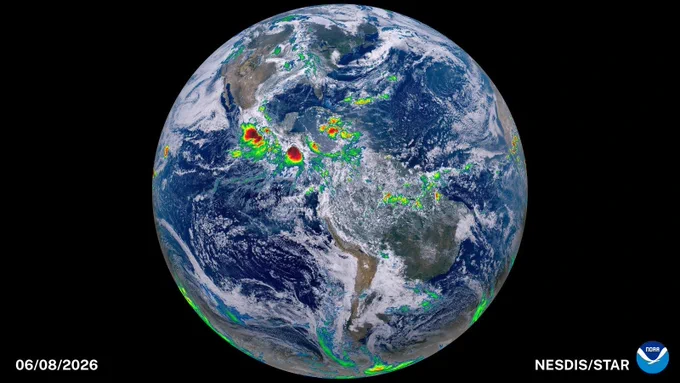 Full-disk composite image of Earth highlighting two tropical storms and the remnants of another with the NOAA logo in the bottom right-hand corner.
