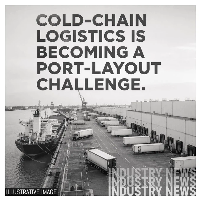 Illustrative image showing an unbranded monochrome port cold-chain logistics yard with a cargo vessel at the quay, refrigerated trailers, warehouse loading bays and large hook text reading: Cold-chain logistics is becoming a port-layout challenge.