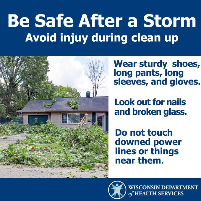House damaged by storm debris with safety tips for cleanup including wearing protective clothing and avoiding downed power lines.