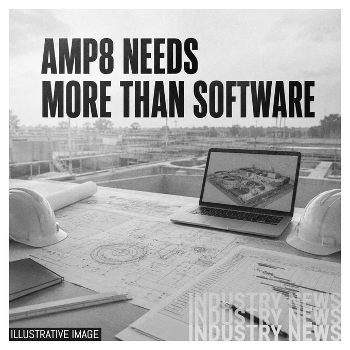 Illustrative image showing an unbranded monochrome water-infrastructure planning table with printed drawings, a laptop model, hard hats and a programme chart, overlaid with the text “AMP8 NEEDS MORE THAN SOFTWARE”.