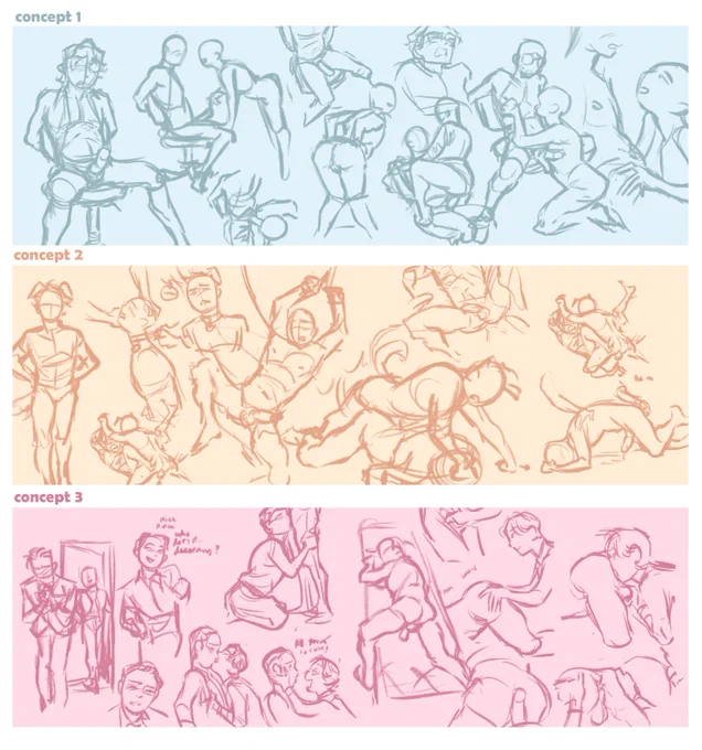 three rows of sketches showcasing a few different concepts