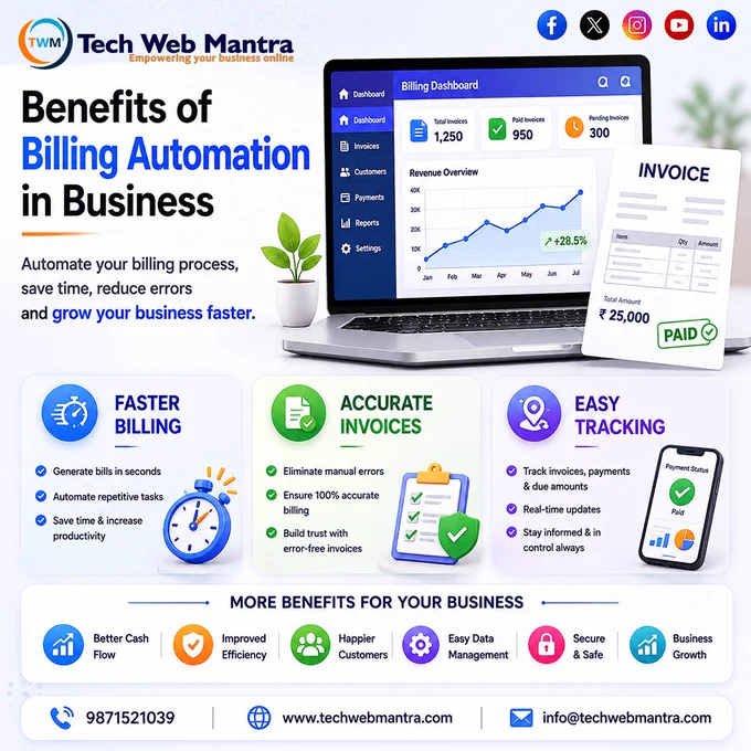 Tech Web Mantra graphic showcasing Billing Automation with a modern billing dashboard, automated invoicing, payment tracking, and financial analytics. The design highlights faster billing, improved accuracy, better cash flow management, enhanced productivity, and business growth through automation.

Billing Automation, Automated Billing Software, Invoice Management Software, Billing Management System, Business Automation, Online Billing Software, Automated Invoicing, Payment Management System, Invoice Tracking Software, Financial Automation, Digital Invoicing, Billing Dashboard, Cash Flow Management, Smart Billing Solutions, Revenue Management, Secure Billing Platform, Accounting Software, Business Growth Solutions, Real-Time Payment Tracking, Workflow Automation, Enterprise Billing Software, Financial Management Software, Billing Technology, Business Efficiency, Custom Billing Software, Tech Web Mantra, Automated Payment Processing, Business Management Software.