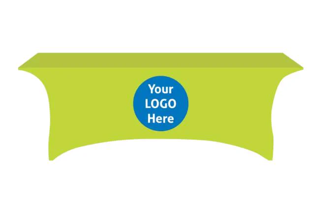 Custom fitted table cover banner display in bright green with a centered logo area, designed for trade shows, events, and promotional booths.
