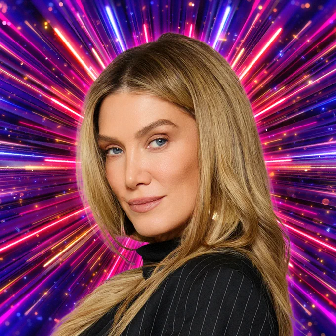 A woman with long blonde hair is pictured side on, looking to camera, set against a background of glittering pink, purple and gold beams of light