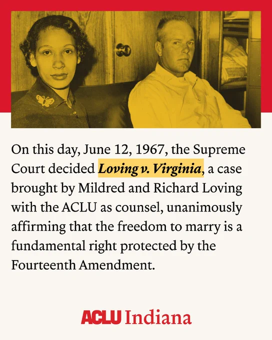On this day, June 12, 1967, the Supreme Court decided Loving v. Virginia, a case brought by Mildred and Richard Loving with the ACLU as counsel, unanimously affirming that the freedom to marry is a fundamental right protected by the Fourteenth Amendment.