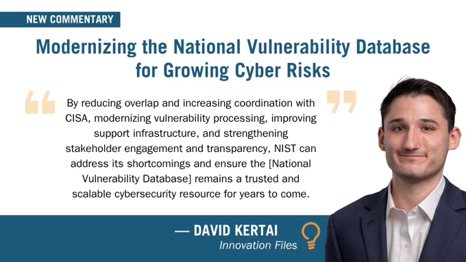 A man in a suit is featured next to a text commentary on modernizing the National Vulnerability Database, emphasizing cybersecurity improvements.