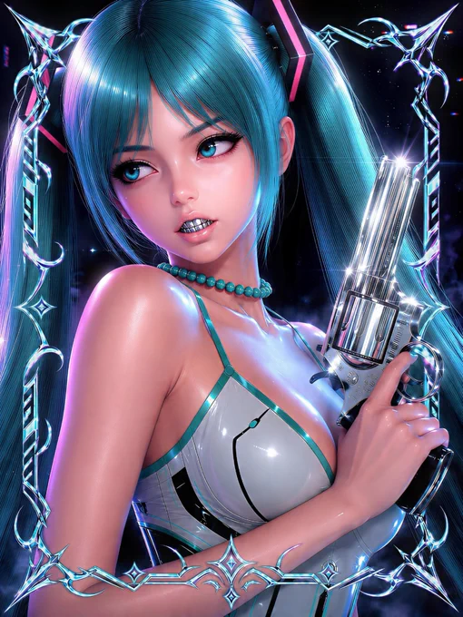 Hatsune Miku, cyberpunk girl style, turquoise eyes and hair, turquoise pearl choker necklace, holding a shiny chrome revolver on her right hand, Evangelion inspired mini skirt, glitch rendering effect, chrome grillz, surrounded by turquoise chrome cyberpunk sharp frame.