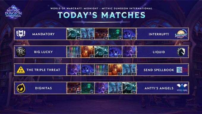 Today's Matches for the MDI Season 1 Finals.

Mandatory vs Interrupt 
Big Lucky vs Liquid
The Triple Threat vs Send Spellbook
Dignitas vs Antti's Angels
