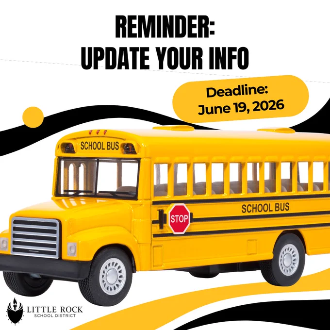 Picture of school bus with caption that says reminder:  update your info; deadline: june 19, 2026 - English