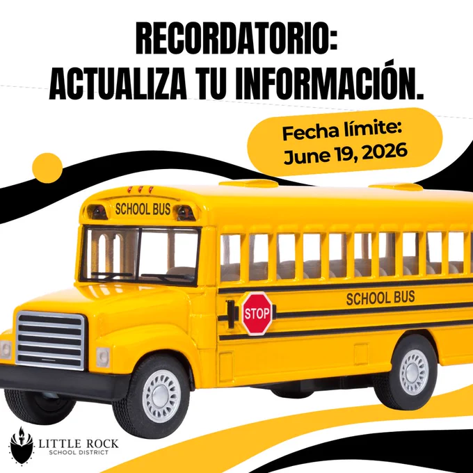 graphic in Spanish with a school bus that reminds you to update your info by the deadline of  june 19
