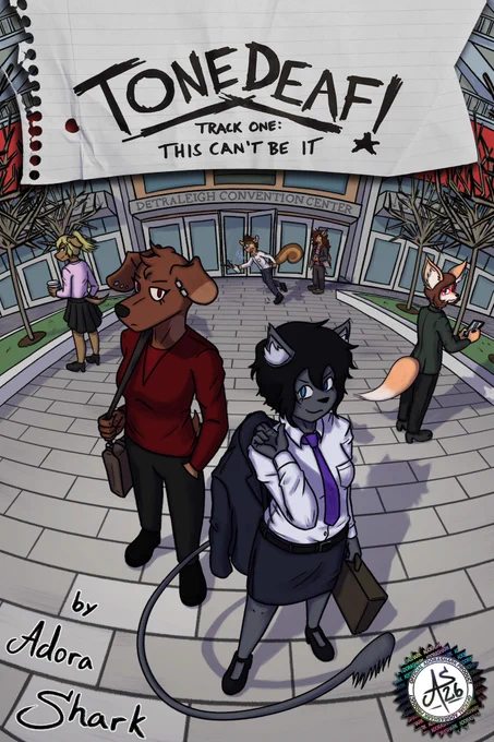 A cover for the first chapter of TONEDEAF!, my webcomic. The top 1/4 of the page is a header made of a crumpled piece of looseleaf paper that has clearly been torn from a spiralbound notebook. The paper has scribbled on it "TONEDEAF! Track One: This Can't Be It".

(Names referred to in this section are different characters from TONEDEAF!)
Below that is a large fisheye drawing of the path leading to a large building labeled "DETRALEIGH CONVENTION CENTER". The camera is above the characters' heads and is angled down to look at them. All characters are dressed from a range of business-formal to business-casual. Nearest to the camera are Rhapsody and Maz, on the right and left respectively. Rhapsody is draping a navy sportcoat over her shoulder as she confidently looks up at the camera. Maz looks at the camera with a netural expression. To the right, midway down the path, is Quota, who has her back turned to the camera and is holding out her smartphone with a stylus. On the left, a bit fur