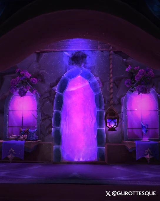In the center of this porch is a glowing portal set within a stone archway, through a wooden entryway. This portal radiates vibrant shades of pink and purple, its surface resembling an Ethereal portal. On both sides of the portal, there are glass windows radiating a similar vibrant pink and purple energy. Above both windows is a bouquet of flowers that add a touch of warmth to an otherwise eerie house, and right below are shelves with magical curios. Delicate cobwebs hang on both sides of the entryway, giving the space a haunted or abandoned look. 