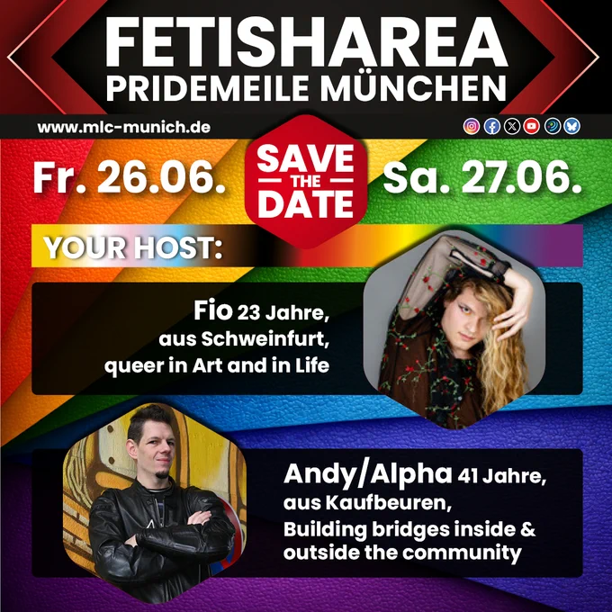 Das Bild zeigt eine Werbung für eine Veranstaltung in München mit zwei Personen als Gastgeber, deren Namen und Beschreibungen angegeben sind.
