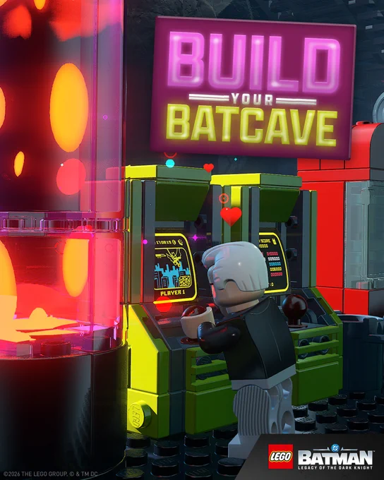 Image for LEGO® Batman™: Legacy of the Dark Knight of LEGO Alfred playing at an arcade inside a Batcave with the headline "Build your Batcave" in neon letters above.