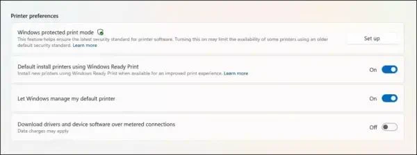 Windows Ready Print default install setting (image Microsoft)
