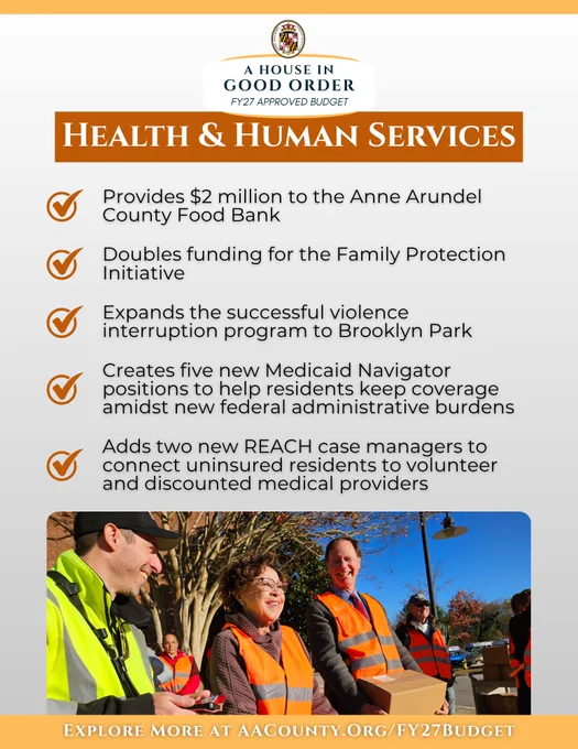 A graphic from Anne Arundel County Executive Steuart Pittman promoting the FY27 Approved Budget Health & Human Services Investments.