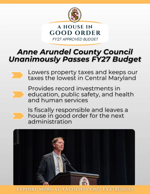 A graphic from Anne Arundel County Executive Steuart Pittman promoting the FY27 Approved Budget Investments.