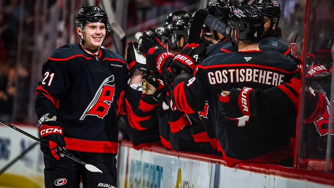 Alexander Nikishin goes down the bench line after scoring a goal this season.