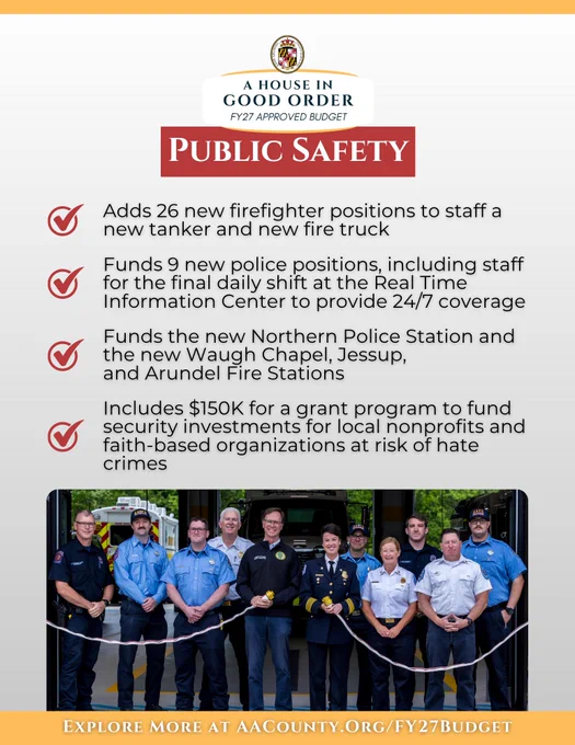 A graphic from Anne Arundel County Executive Steuart Pittman promoting the FY27 Approved Budget Public Safety Investments.
