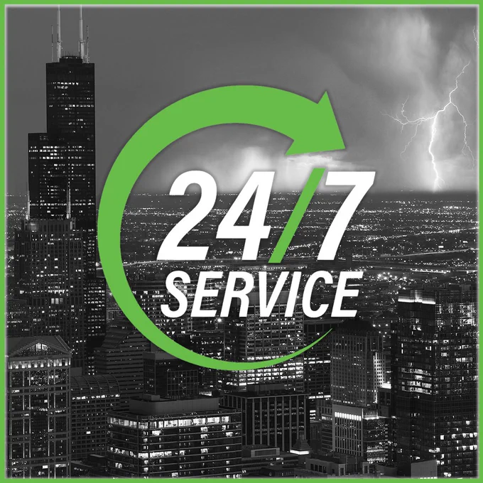 Night city skyline with lightning in the background and a green circular arrow highlighting 24/7 service text.