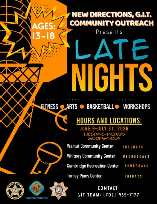 Flyer for Late Nights program for ages 13-18 featuring fitness, arts, basketball, and workshops from June 9 to July 31, 8-11pm. Tuesdays at Walnut Comm Center, Wednesdays at Whitney Comm Center, Thursdays at Cambridge Rec Center, Fridays at Torrey Pines Center. Call 702-455-7177 for more info.