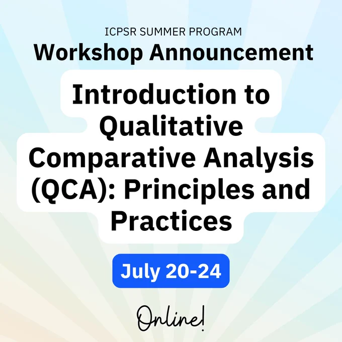 ICPSR Summer Program workshop announcement: Introduction to Qualitative Comparative Analysis (QCA): Principles and Practices, July 20-24, held online.