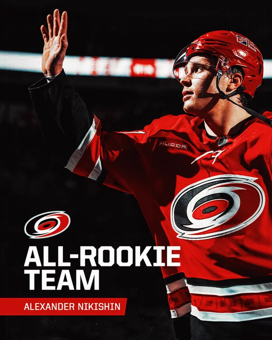 Graphic celebrating Alexander Nikishin being voted to the NHL All-Rookie Team 
