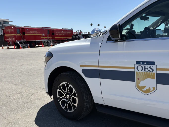 The photo shows a Cal OES vehicle parked among other emergency services equipment in preparation for the 2026 FIFA World Cup. 