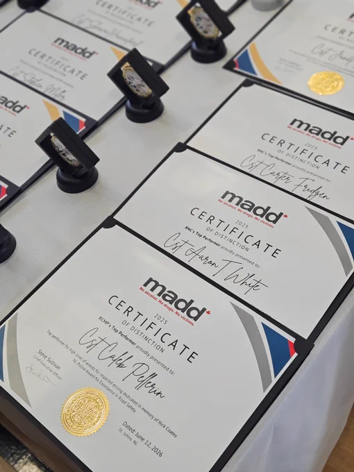 Une collection de certificats de MADD Canada, représentant les noms d’agents de la Force constabulaire royale et de la GRC reconnus pour leur contribution à l’arrestation de conducteurs aux facultés affaiblies.