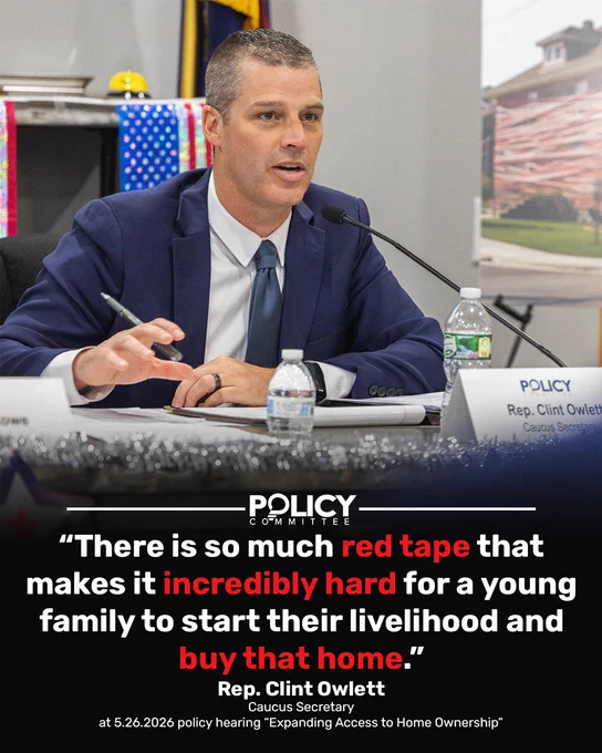 Rep. Clint Owlett, Caucus Secretary, speaks at a Policy Committee homeownership hearing with quote overlay.
