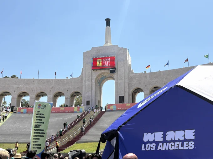 The photo shows the FIFA Fan Festival poster set up at the Memorial Coliseum in Los Angeles. 