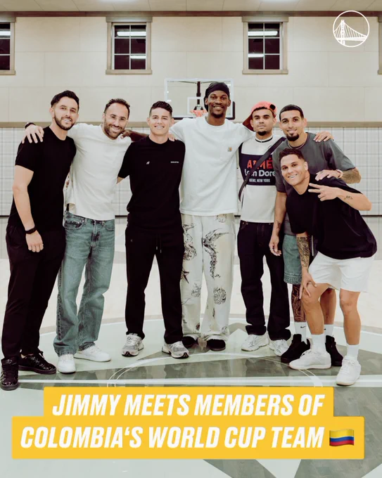 Jimmy Butler stands with members of the Colombia soccer team, including James Rodriguez, Luis Diaz, and Juan Fernando Quintero.