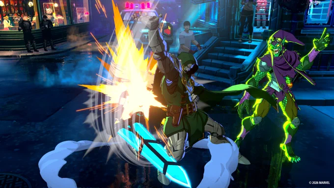 A combat screenshot featuring Magik, Doctor Doom and Green Goblin in night time Marvel's New York City Stage, Hell's Kitchen.