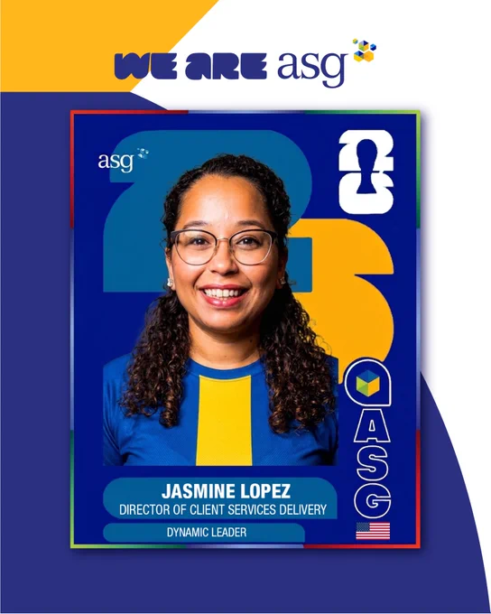 A FIFA card that reads "We Are ASG" A Portrait of Jasmine Lopez, Director of Client Services Delivery, labeled "Dynamic Leader." A United States of America flag is in the bottom-right.