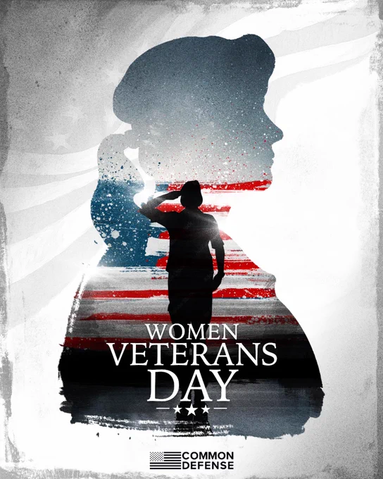 Silhouette of a person saluting in front of an American flag background, with "Women Veterans Day" and "Common Defense" text displayed.