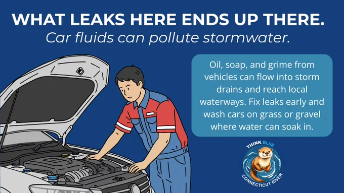 Graphic showing a mechanic inspecting a vehicle with the headline: “WHAT LEAKS HERE ENDS UP THERE.” The graphic explains that oil, soap, and grime from vehicles can enter storm drains and reach local waterways, and encourages fixing leaks early and washing cars on grass or gravel. The Think Blue Connecticut River logo is included.