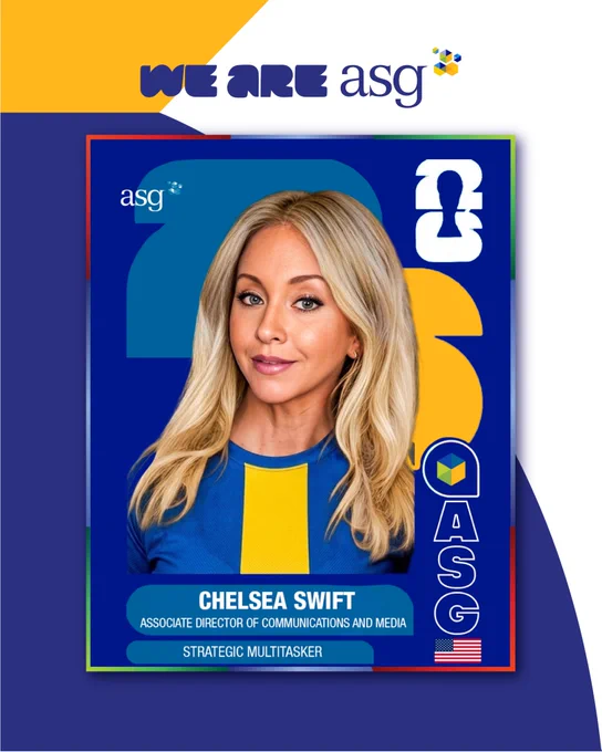 A FIFA card that reads "We Are ASG" A Portrait of Chelsea Swift, Associate Director of Communications and Media, labeled "Strategic Multitasker." A United States of American flag is in the bottom-right.