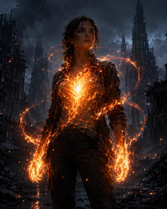 A lone woman stands in the burned ruins of a futuristic city at night, surrounded by blackened towers, smoke, ash, and debris. Her clothing and face are marked by soot, but she stands calm and unbroken. A bright orange-white ember glows from her chest, spreading fiery energy through her torso, arms, and hands like living flame. Swirling ribbons of fire, sparks, and smoke surround her against a cold blue-gray ruined city background, creating an intense image of survival and inner fire.
