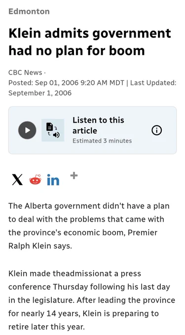 CBC News headline, September 1, 2006: Klein admits government had no plan for boom 