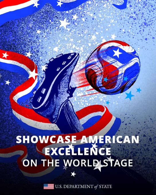 Graphic of a soccer cleat kicking a soccer ball with a red, white and blue ribbon floating through the frame. Text overlay: "Showcase American Excellence on the World Stage"