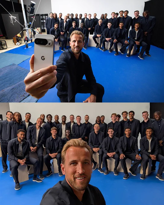 Split screen with Harry Kane taking a selfie of him and the England squad with Thomas Tuchel. The top image is a photo of Kane taking the selfie, the bottom image is the selfie.
