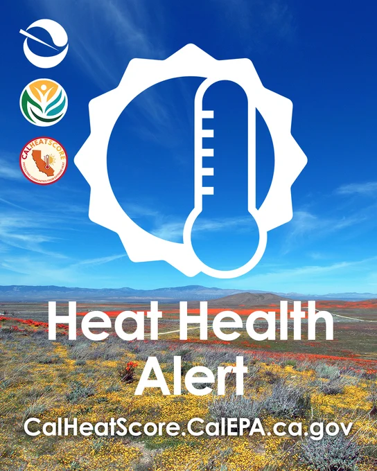 Graphic of a thermometer inside a sun icon signaling a heat health alert over a dry landscape with clear blue sky.